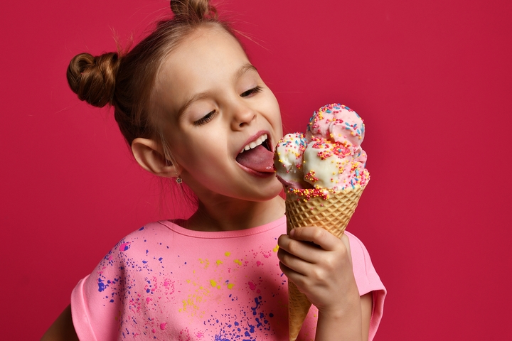 Pretty Baby Girl Kid Eating Licking Big Ice Cream In Waffles Con ...